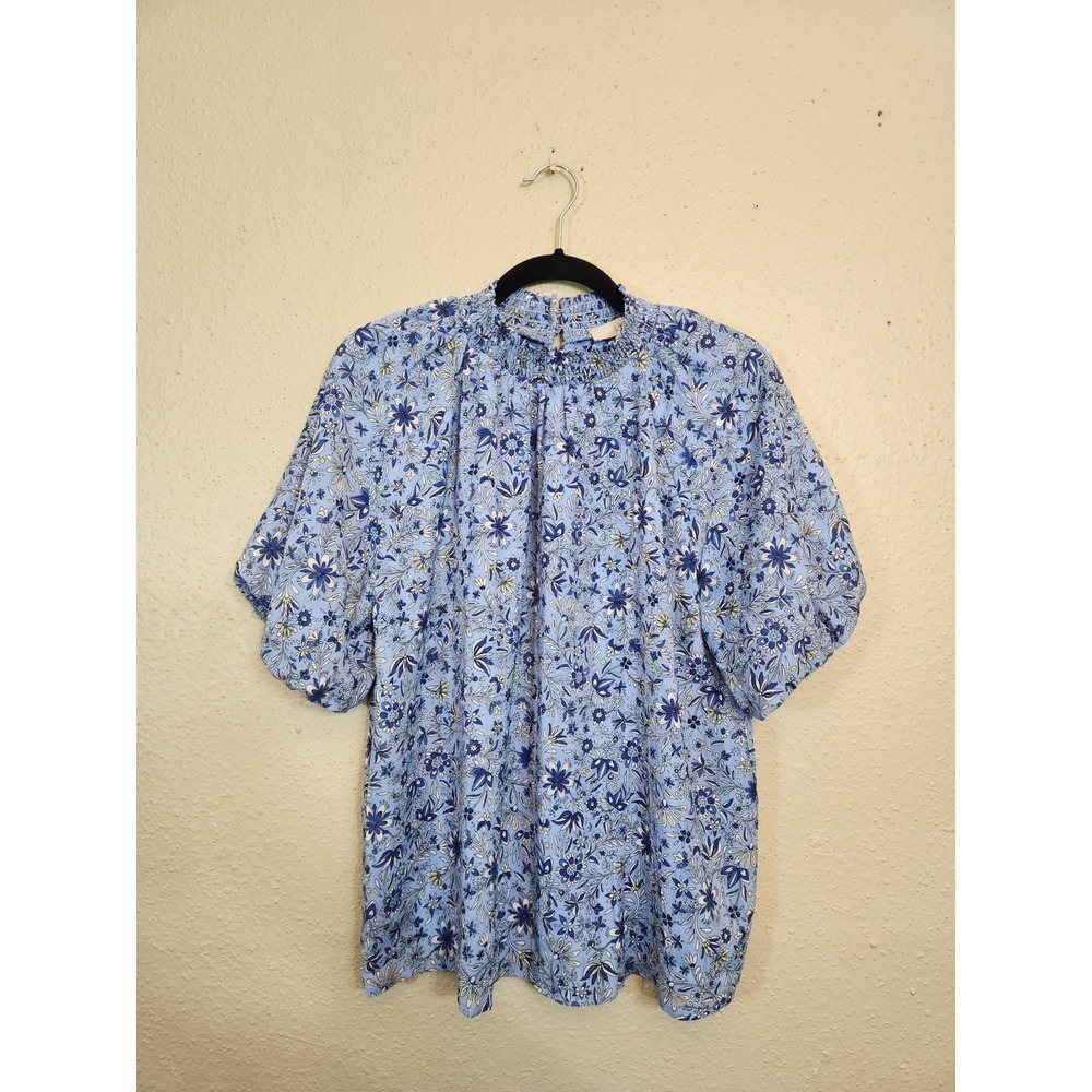 Loft Womens Medium Blue Floral Blouse Smocked Mock Neck Puff Sleeve Top